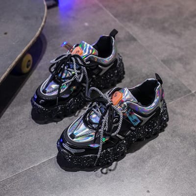 Dikke Sneakers Dames Nieuw Lakleer Sneeuwvlok Platform Verhoogde Sneakers Vrouwelijke Mode Veters Pailletten Casual Schoenen 36