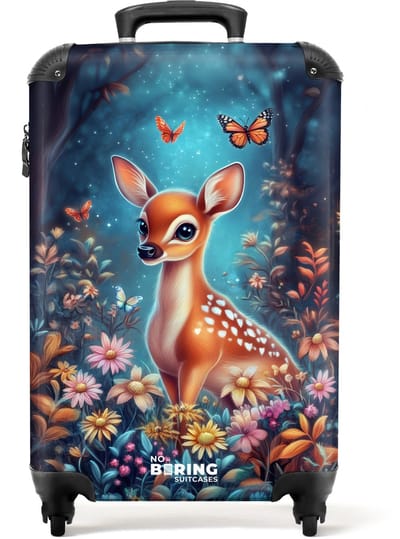 NoBoringSuitcases.com® - Kinderkoffer meisje - Kindertrolley meisjes - Hertje tussen bloemen in betoverend bos - Handbagage koffer lichtgewicht - Reiskoffer trolley kinderen - Rolkoffer met wieltjes - Past binnen 55x40x20 en 55x35x25