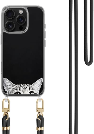 Casevibes - Telefoonhoesje met koord - Geschikt voor Apple iPhone 16 Pro - Kat kiekeboe - Zwart - Print