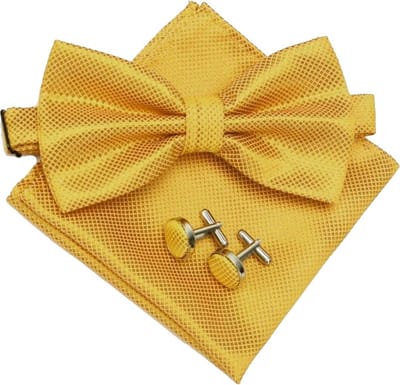 Fako Fashion - Vlinderstrik, Pochette & Manchetknopen - Kleine Ruit - Vlinderdas - Strikje - Pochet - Goudgeel