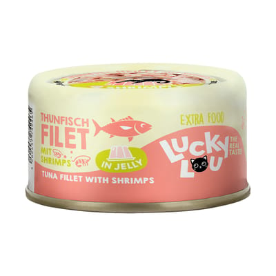 12x 70g Lucky Lou Extra Voer in Gelei Tonijnfilet met Garnalen nat kattenvoer