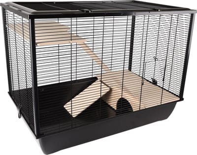 Hamsterkooi – Flamingo Elsa – caviakooi & dwergkonijnenkooi – grote knaagdierenkooi met platforms, loopplanken en schuilplaats – metaal zwart & hout naturel – 77x47x60 cm – Europese kwaliteit