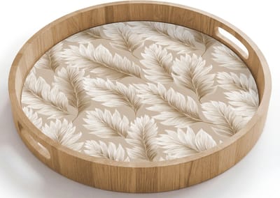 Dienblad rond 40x40 cm - Schootdienblad hout - Botanisch - Patroon - Beige - Borrelplank rechthoek - Plateau houten dienbladen