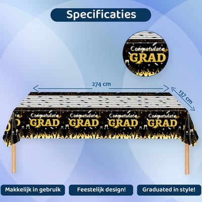 BTH - Tafelkleed - Geslaagd Versiering - Graduation - Decoratie - Tafellaken - Zwart - Goud - 274*137 cm