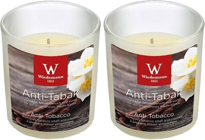 Trend Candles Geurkaars - 2x - in glas - Anti tabac aroma - 25 branduren - 7 x 8 cm - woondecoratie - kaarsen