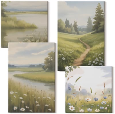 Wallfluent Set van canvas schilderijen - Lentelandschap met een rivierpad en een bloemenweide Canvas Schilderijen Set - Set van 4 Canvas Schilderijen - Groente Set van Canvas Prints - Landschappen Canvas Kunst Set - Boheemse Canvas Kunst Set