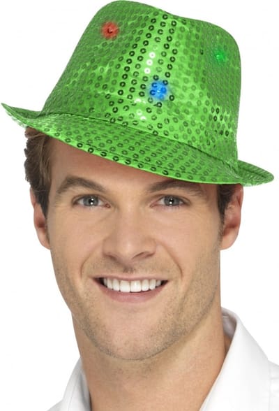 Smiffys Hoed met lichtjes - Groene pailletten trilby - LED verlichting