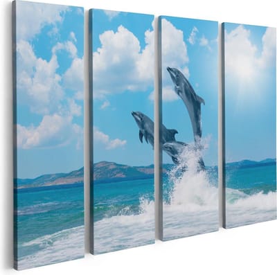 Artaza Canvas Schilderij Vierluik Dolfijnen Springen uit het Water - 80x60 - Foto Op Canvas - Canvas Print