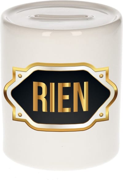 Spaarpot met voornaam Rien - wit - met goud/zwart embleem - 8 x 9 cm - keramiek - met afsluitdop - cadeau verjaardag