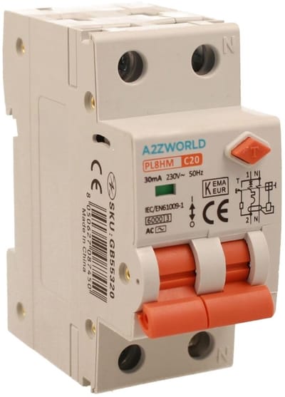 Differentiële schakelaar - Stroomonderbreker - Veiligheid Installaties - 30mA Gevoeligheid - 2 DIN Modules - Grijs