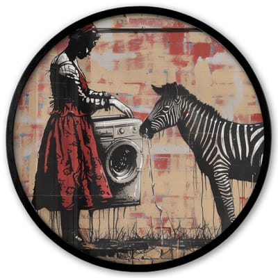Poster in lijst Rond - Fotolijst 40x40 cm - Posters - Street art - Zebra - Vrouw - Dieren - Graffiti - Banksy Style - Ronde posterlijst zwart - Decoratie - Wanddecoratie woonkamer - Muurdecoratie slaapkamer