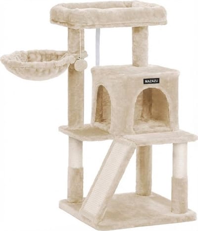 MAZAZU - Krabpaal voor katten - Met Krabplank & Trap - Beige - Stabiel Klimmeubel met Huisje & Relaxmand - Beige - 48x48x96