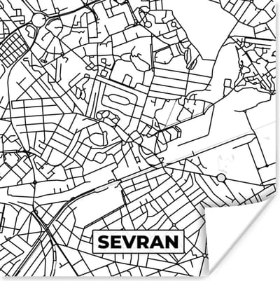 Poster Plattegrond - Kaart - Frankrijk - Stadskaart - Sevran - Zwart wit - 100x100 cm XXL