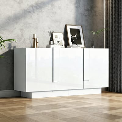 OKWISH Dressoir – 160×35×60 cm – 3 Deuren – 6 Opbergvakken – Verstelbare Planken – Hoogglans Wit – Voor Woonkamer En Eetkamer