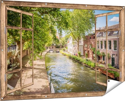 Gards Tuinposter Doorkijk Oudegracht in Utrecht - 150x100 cm - Tuindoek - Tuindecoratie - Wanddecoratie buiten - Tuinschilderij