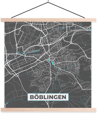 Posterhanger incl. Poster 60x60 cm - Schoolplaat - Böblingen – Stadskaart – Blauw – Plattegrond – Stadskaart – Kaart - Duitsland - Textielposter - Blanke latten - Stadskaart