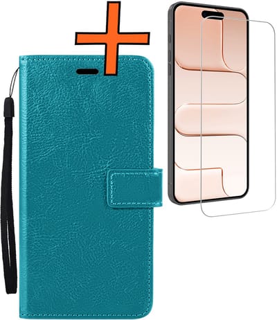 Hoes - Met Screenprotector - Geschikt voor Apple iPhone Air - Luxe Pasjeshouder - Bookcase Portemonee - Flip Case - Kunstleer Book Case - Flipcase - Book Cover - Walletcase - PortemonneeHoes - Turquoise