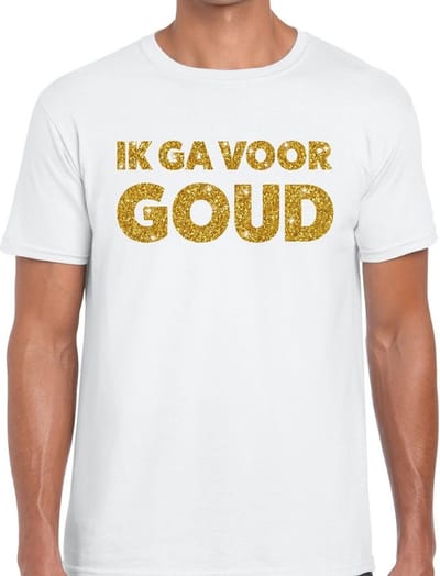 Feestkleding t-shirt - Ik ga voor Goud - gouden glitter letters - wit - voor heren - Glitter and Glamour S
