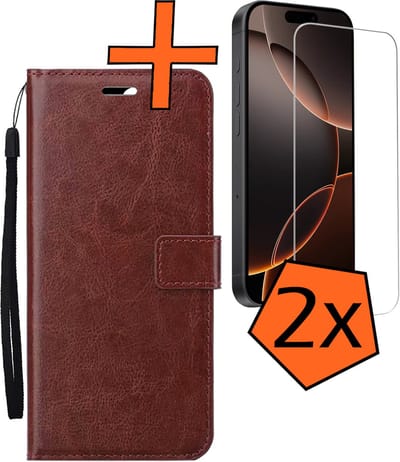 Hoes - Met 2x Screenprotector - Geschikt voor Apple iPhone 16 Pro - Luxe Pasjeshouder - Bookcase Portemonee - Flip Case - Kunstleer Book Case - Flipcase Hoes - Book Cover - Walletcase - PortemonneeHoes - Bruin