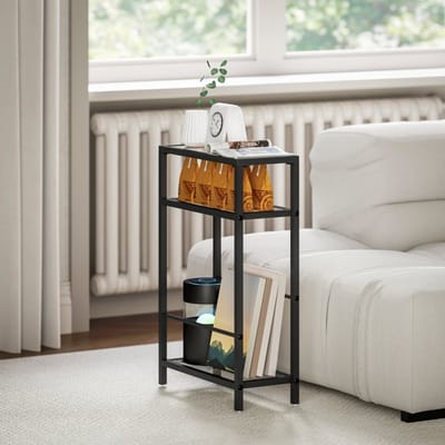 Wishdor smalle bijzettafel met 3 niveaus en gehard glas, zwart stalen frame, verstelbare stangen, 40×18×62 cm