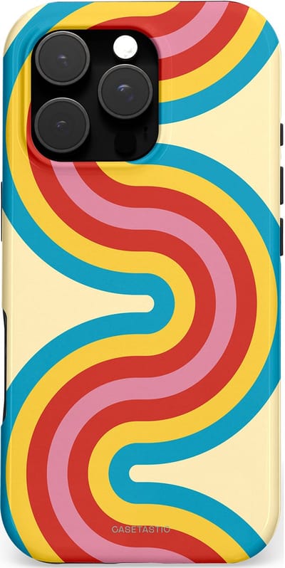 Casetastic hoesje geschikt voor Apple iPhone 16 Pro - MagSafe - Dubbellaagse bescherming - Retro kronkels - Fashion Case - Crème Lichtblauw Goud Rood