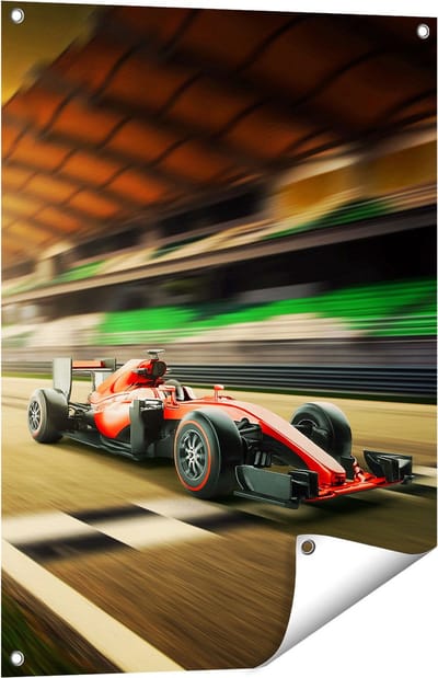 Gards Tuinposter Formule 1 Auto bij de Finish in het Rood - 60x80 cm - Tuindoek - Tuindecoratie - Wanddecoratie buiten - Tuinschilderij
