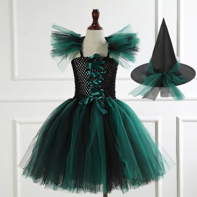 Costume de Sorcière Noir Violet pour Filles Halloween Maille Vampires Maléfiques Robe pour Filles Vêtements de Fête Carnavalesque Pour Enfants Robe de Bal Déguisement 2-3Y vert
