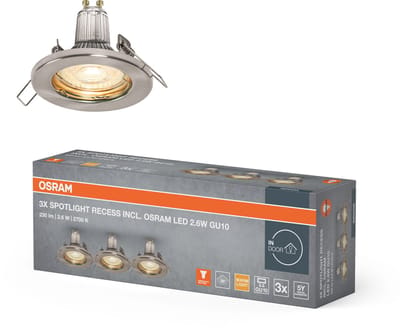 OSRAM Spotlight plafond inbouwlamp set inclusief GU10 LED lampen 3x2.6W in geborsteld nikkel, IP20 bescherming voor gebruik binnenshuis