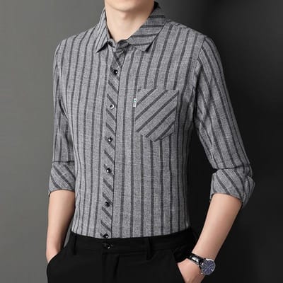 Gestreepte Lente- en Herfstshirt met Lange Mouwen voor Heren Middelbare Leeftijd Business Casual Echte Zak Katoen en Linnen Papa Herenshirt 4XL