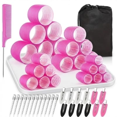 Set van 50 stuks met krulrollers, clips, styling kam en opbergzak Rozerode klittenband heatless curls haarkrullers set voor dames – krulrollers met clips, styling kam en opbergzak – zelfhechtende haar rollers voor volume en natuurlijke krullen