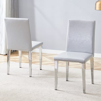 [Set van 2 minimalistische eetkamerstoelen] Europese lichtgewicht luxe in grijs en zilver: Lichtgrijs getextureerd PU-leer + zilverkleurige metalen poten, past perfect in moderne eetkamers, woonkamers en meer.