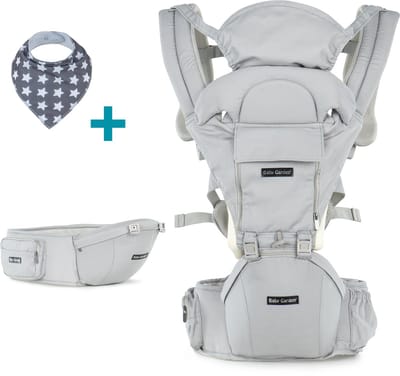 Baby Garden Draagzak 4 in 1 - Baby Draagzak Ergonomisch, Verstelbaar & Ademend - Met Heupzitje, Zonnekap & Slabbetje – Licht grijs
