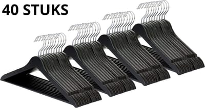 Wicotex-Kledinghanger – SET 40 stuks - houten-kleerhanger, met rok inkepingen en broekspijpen, draaibare haak, Dames en heren kleding - ZWART