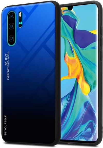 Cadorabo Hoesje geschikt voor Huawei P30 PRO in BLAUW - ZWART - Tweekleurige beschermhoes van TPU-silicone Case Cover en achterzijde van gehard glas
