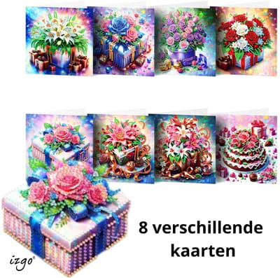 IZGO Diamond Painting Kaarten – 8 Wenskaarten met envelop - Zonder Tekst - Volwassenen – Volledig Hobby Pakket - Diamant schilderen - Bloemen