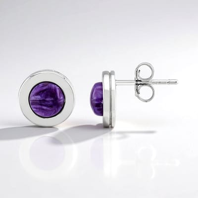 Cavill - Zilveren Oorbellen - 925 Sterling Zilver Gerhodineerd - 2x Paarse Russische Charoiet Cabochon 6 mm - 1,479 ct - Elegante Ronde Oorsteker