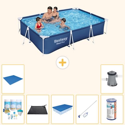Bestway Rechthoekig Steel Pro Zwembad - 300 x 201 x 66 cm - Blauw - Inclusief Onderhoudspakket - Solar Mat - Afdekzeil - Schoonmaakset - Grondzeil - Filter - Zwembadfilterpomp - 8-delig
