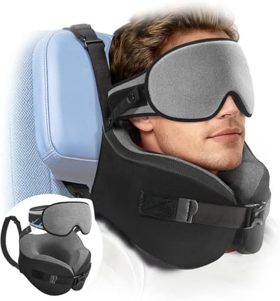 Reisnekkussen met 3D slaapmasker en geheugenfoam voor ultieme ondersteuning tijdens lange vluchten en autoritten, grijs