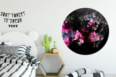 WallCircle® - Behangcirkel 140x140 cm - Muurstickers Bloemen - Kunst - Verf - Roze - Zwart - Muurcirkel woonkamer - Wandcirkel slaapkamer - Kamer decoratie zelfklevend - Muurdecoratie accessoires