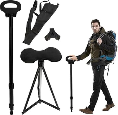 Wandelstok met Zitting - Opvouwbare Stoel - Buiten Zitten - 7-voudig Verstelbaar - Tot 150 kg - Zwart