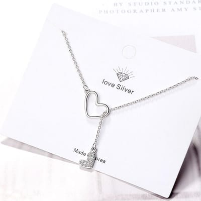 Collier Pendentif Double Cœur d'Amour Réglable en Argent Sterling 925 Chaîne à Maillons en Zircon Cubique Pour Femmes Bijoux S -N323 white
