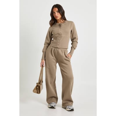 boohoo Dames Kleine Diepe Zoom Drukknoop Bomber Sweatshirt Trainingspak | Gewassen Kaki | Maat: XS