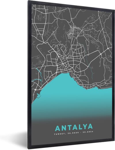 Fotolijst incl. Poster - Antalya - Stadskaart - Plattegrond - Kaart - Blauw - 40x60 cm - Posterlijst