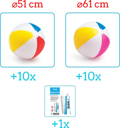 Intex Opblaasbare Strandballen - Strandbal Voordeelverpakking - 2 x 10 stuks - Strandbal Jumbo - Diameter 51 en 61 cm - Ideal voor Festivals - Inclusief handig Reparatiesetje