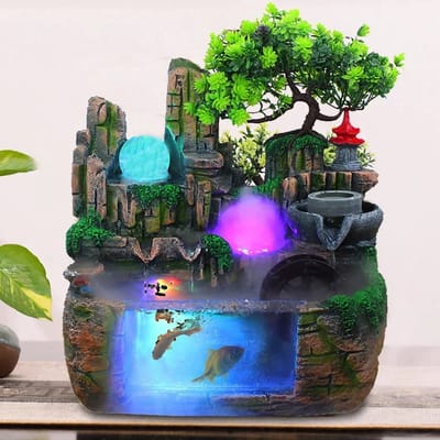 Rockery Garden Waterval Fontein met LED & Vernevelaar – Binnen Tafelfontein van Hars – Zen Decor met Mistfunctie & Rustgevend Watergeluid – 30 cm