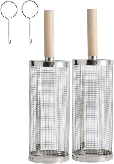 Set van 2 BBQ Baskets met Afneembare Houten Handvatten voor Groenten en Garnalen, Ideaal voor Buiten Koken en Kamperen