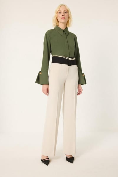 Touché Privé - Poplin blouse met brede manchetten - Khaki - Dames