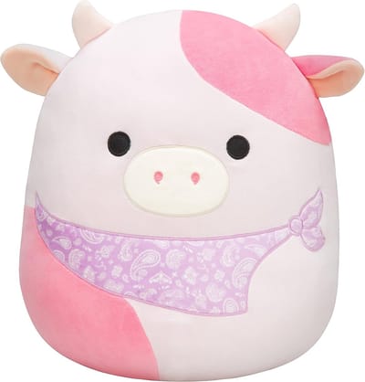 Klikkopers® - Kawaii knuffel - Squish Knuffel - 18 cm tot 22 cm - Koe Squishy - Kawaii Kussen - Kawaii Koe Knuffel - Bandana - Roze