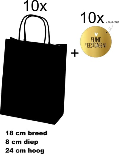 10x Geschenktassen Zwart - 10x Sluitstickers - Fijne Feestdagen - 18+8x24cm - 40mm - 10 stuks - Cadeautasje - Tassen - Geschenk - Verpakkingen - Geschenktasjes - Kerst - Sinterklaas - Sint - Kerstmis