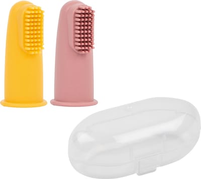 Nattou Silicone - Vingertandenborstel voor Baby Set met Opbergdoosje - 2 Stuks - Geel/Roze